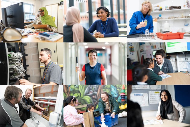 montage of employees in various roles including IT, Cleaning, Support Services and teaching